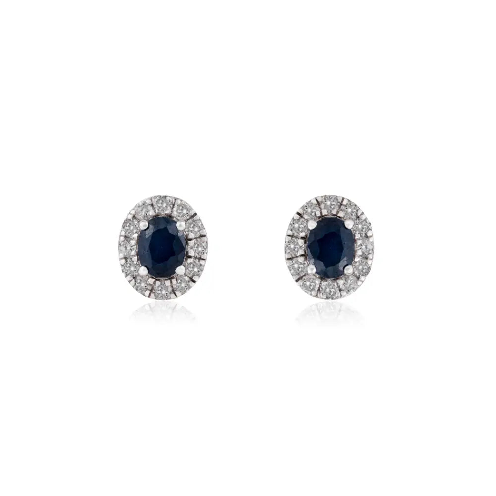 Oval Shape Blue Sapphire & Round Cut Diamond K14 White Gold Halo Stud Earrings For Women's