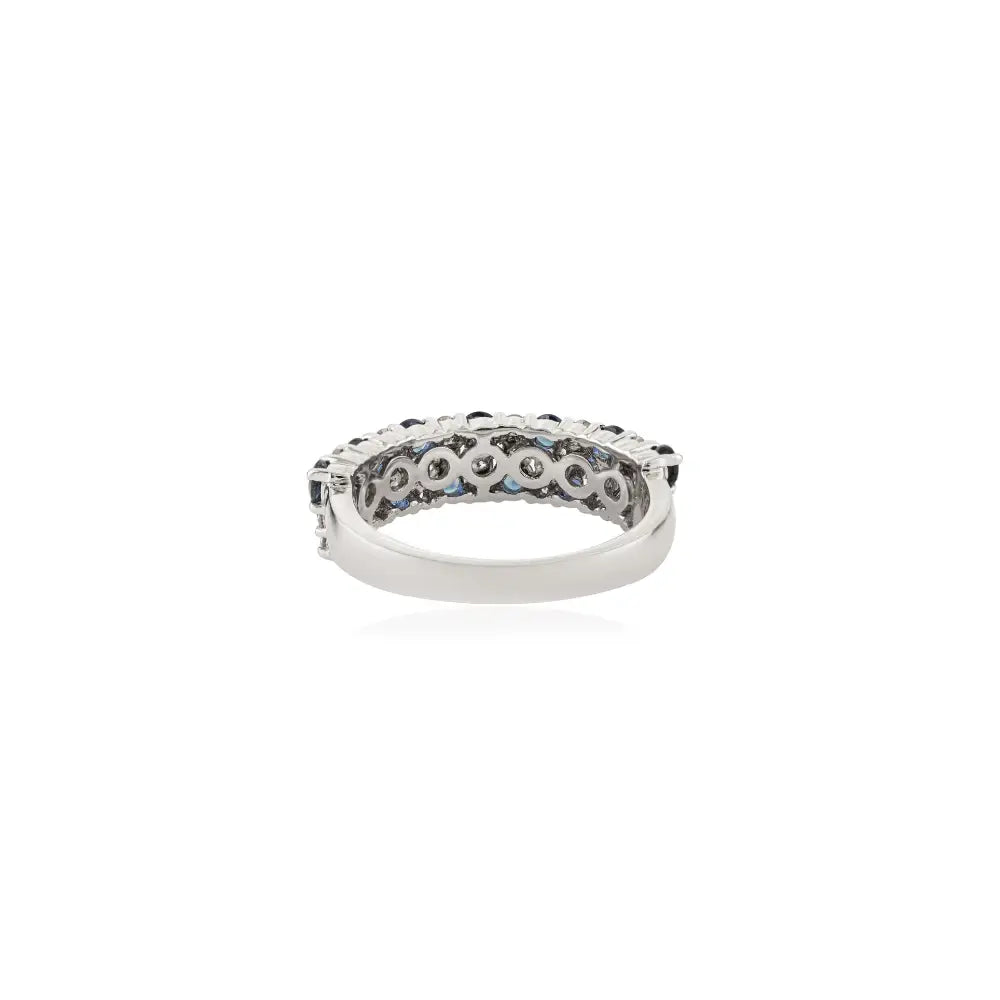 Statement Luxury Blue Sapphire & Diamond 18K Real White Gold Wedding Band Ring Unisex