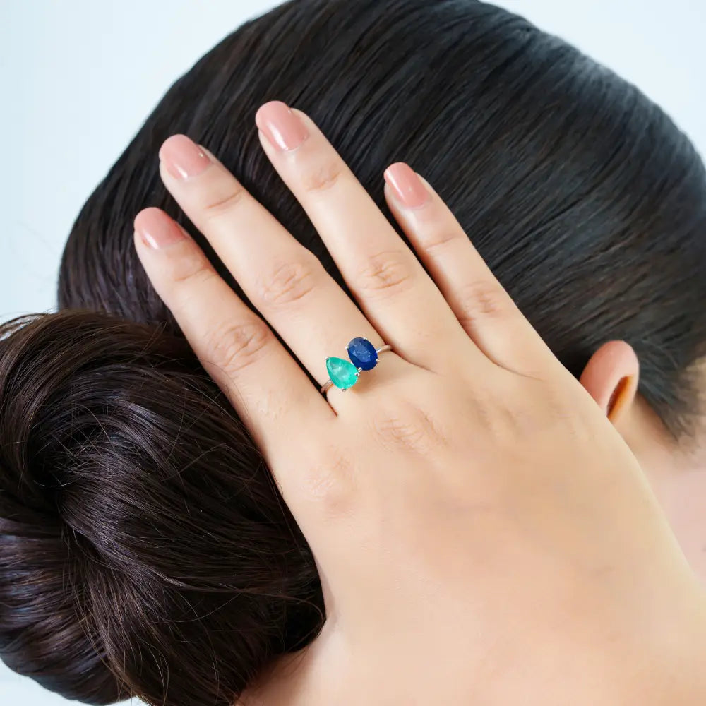 Real K14 White Gold Precious Gemstone Emerald & Blue Sapphire Toi et Moi Stackable Ring