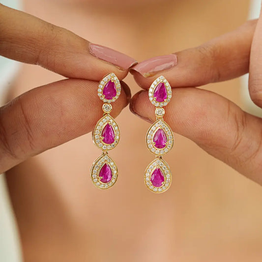 100% Real Ruby & Diamond Halo Teardrop Dangle Earrings Solid 14K Yellow Gold Jewelry