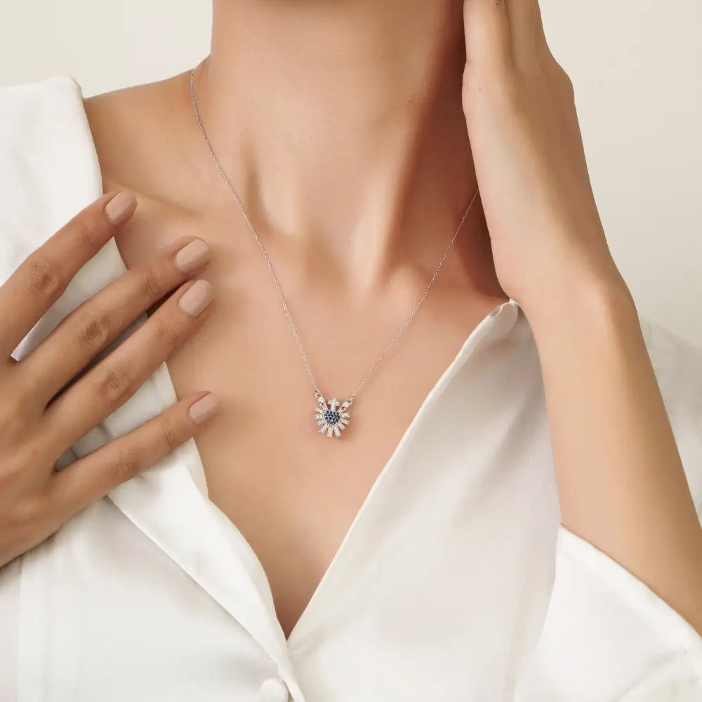 14K Solid White Gold Blue Sapphire & Diamond Sacred Heart Sunburst Pendant Necklace