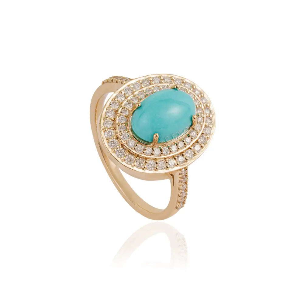 December Birthstone Turquoise & Diamond Double Cluster Ring For Wedding 14K Yellow Gold