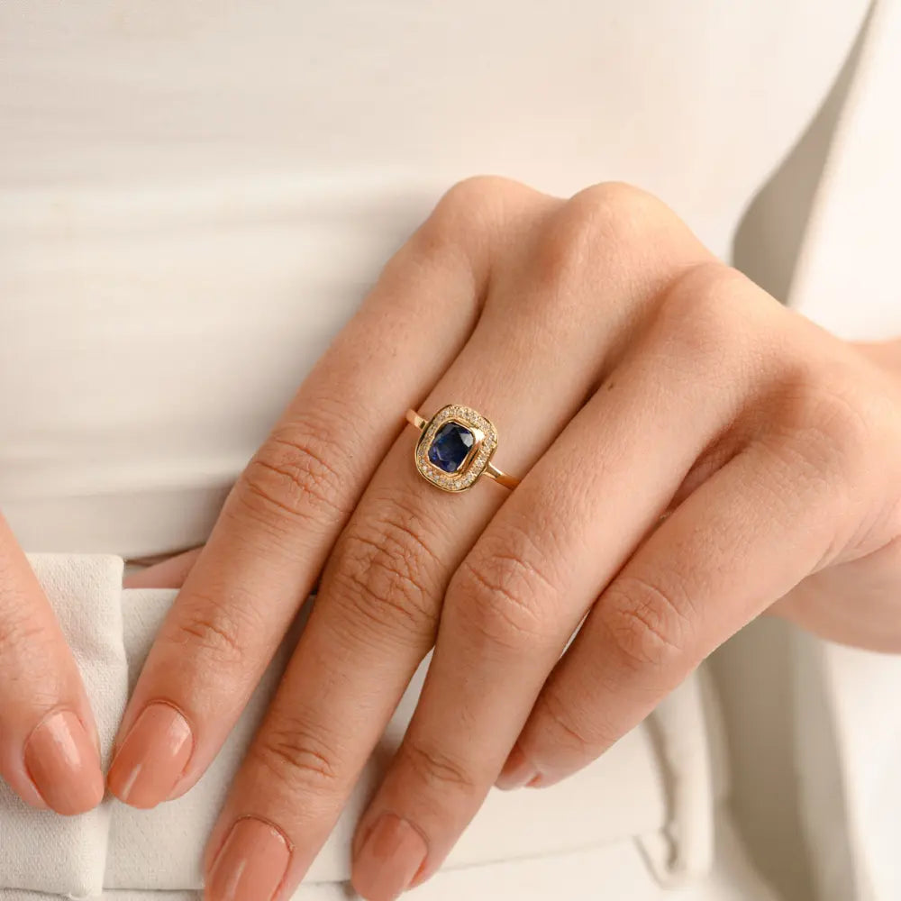 Best Selling Product Natural Blue Sapphire & Diamond 18K Fine Yellow Gold Ring