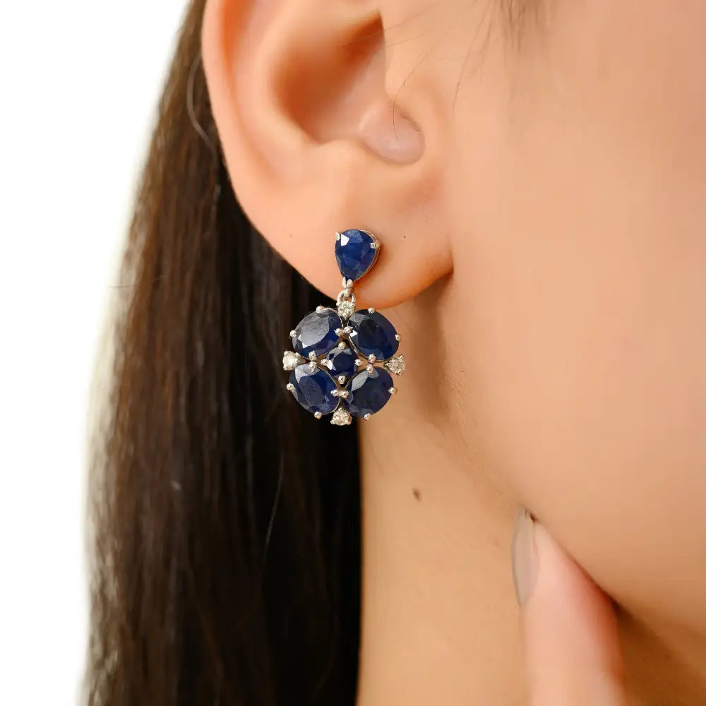Handmade Blue Sapphire & Diamond Real K14 White Gold Wedding Drop Earrings Custom Jewelry