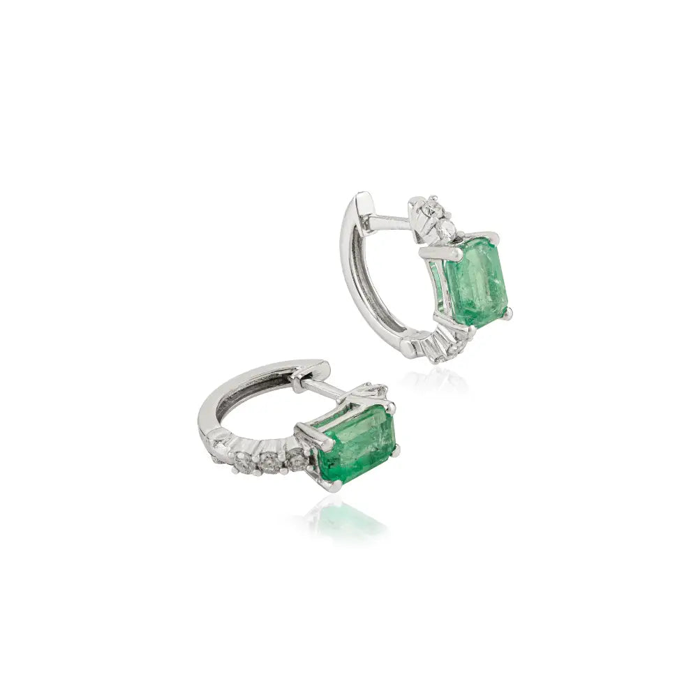 Minimal Jewelry Zambian Emerald & Diamond Small Hoop Earrings K14 Real White Gold