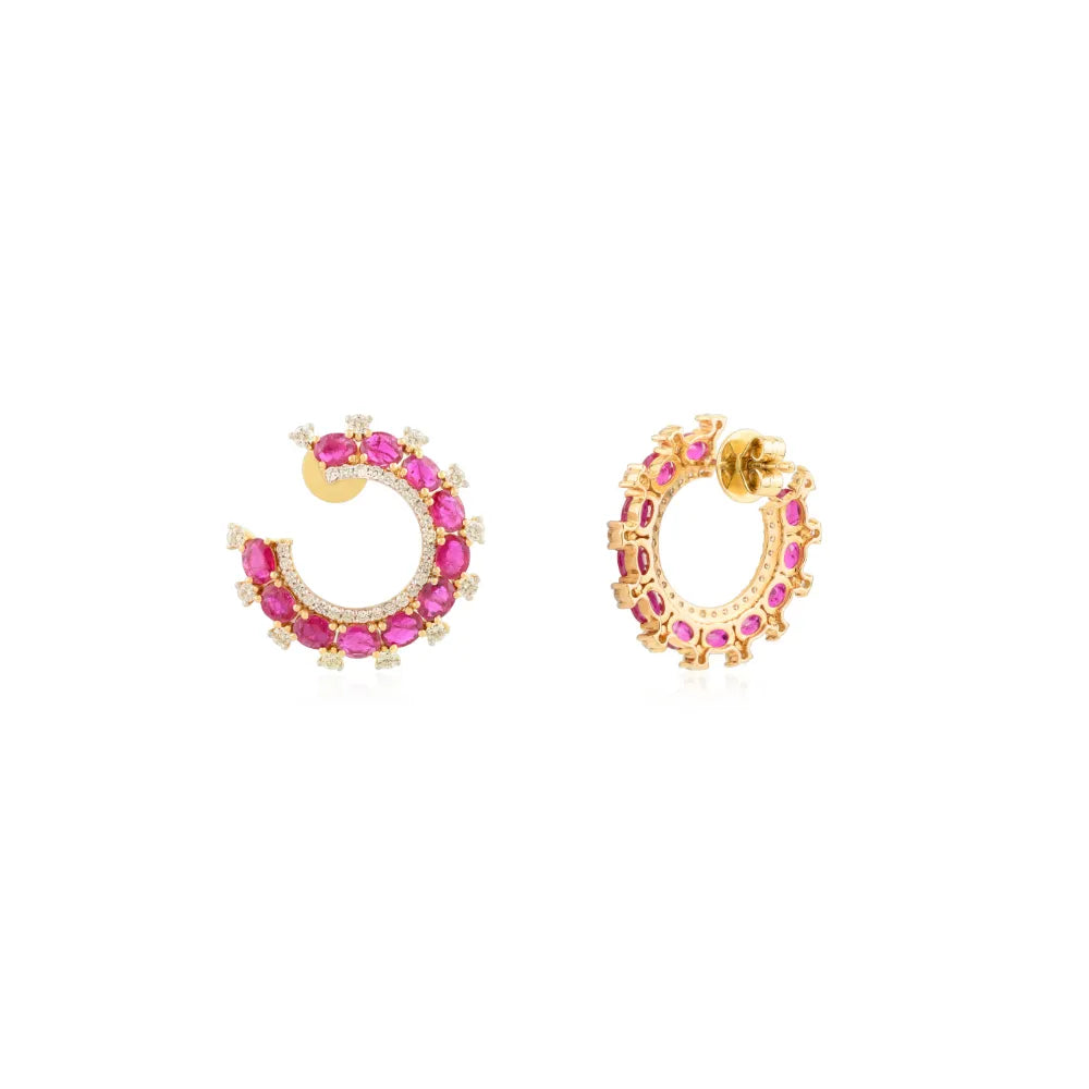 Statement Jewelry Ruby & Diamond Half Circle Wedding Earrings Handmade 14K Yellow Gold