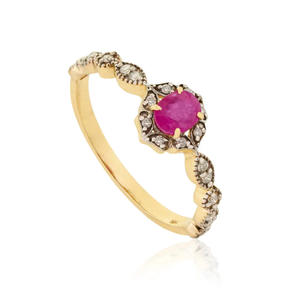 Elegant Simple Design Ruby & Diamond Fine 14K Yellow Gold Minimal Gemstone Ring For Women