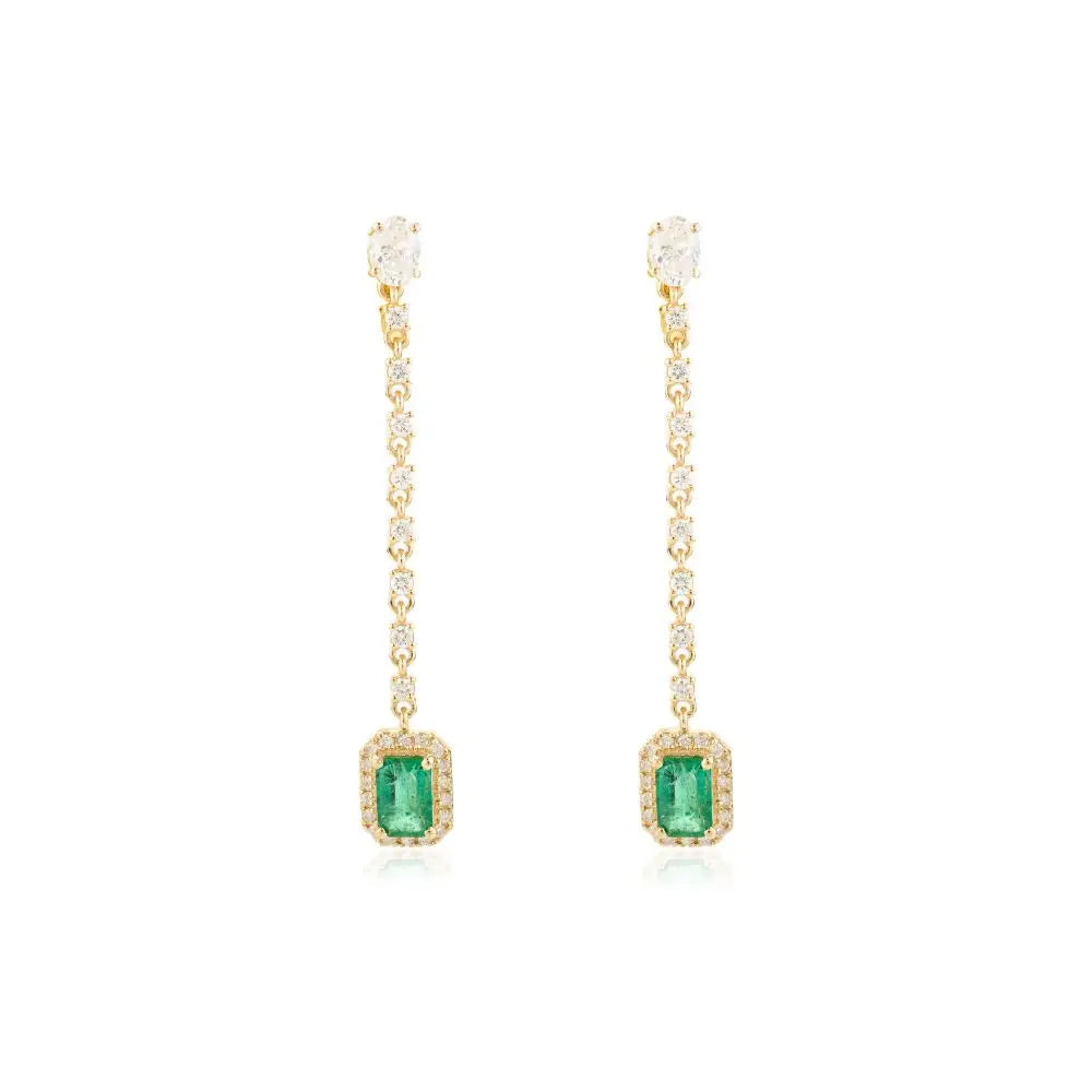 Long Solid K18 Yellow Gold Emerald & Diamond Dangle & Drop Earrings