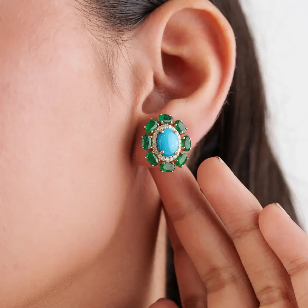 Floral Inspired Solid K14 Yellow Gold Emerald Turquoise & Diamond Statement Stud Earrings