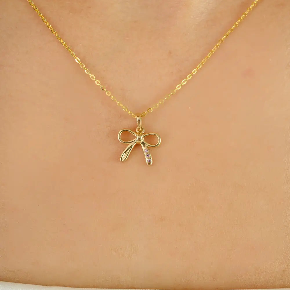 Elegant Classis Style 14K Solid Yellow Gold Pink Sapphire Bow Pendant Minimal Bulk Jewelry