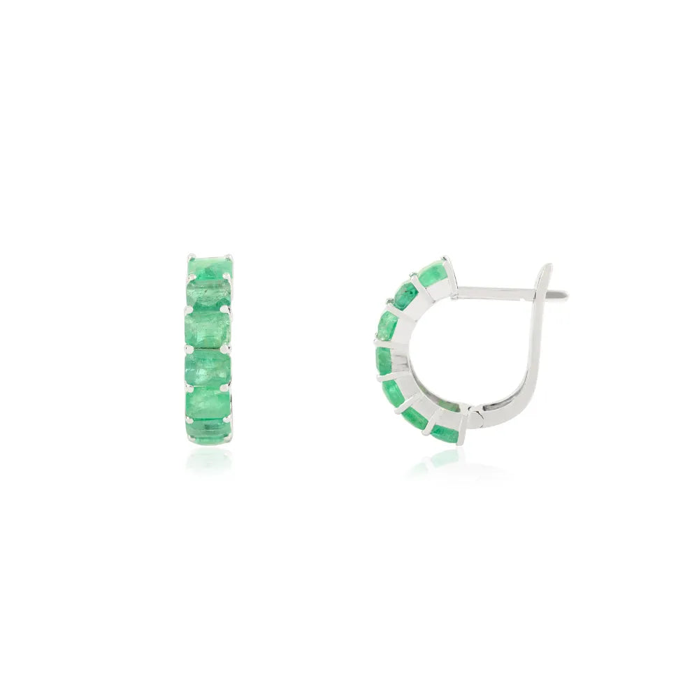 Precious Gemstone Natural Emerald Small Hoop Earrings Solid 14K White Gold Fine Jewelry