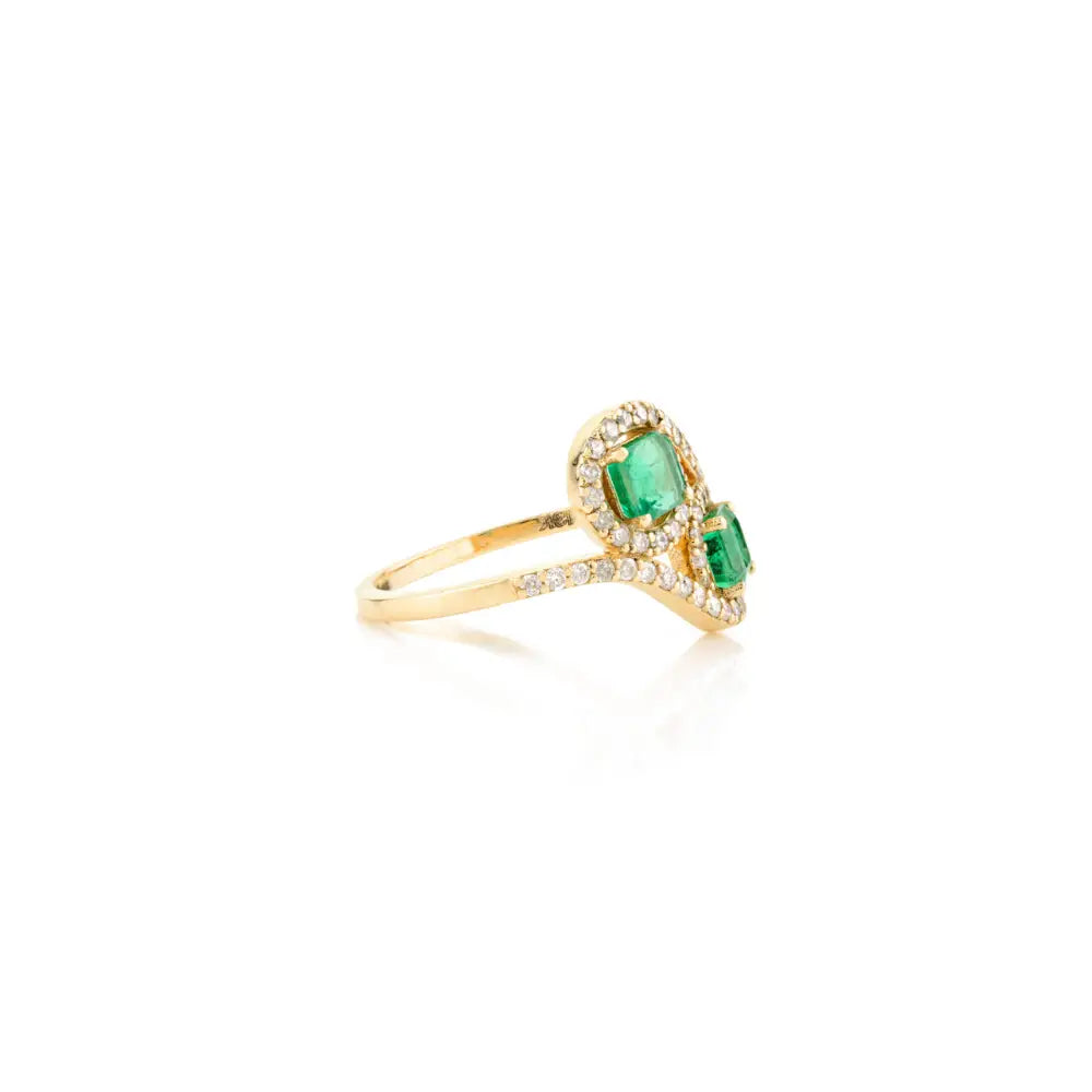 100% Natural Square Emerald & Diamond Solid K18 Yellow Gold Two Stone Ring