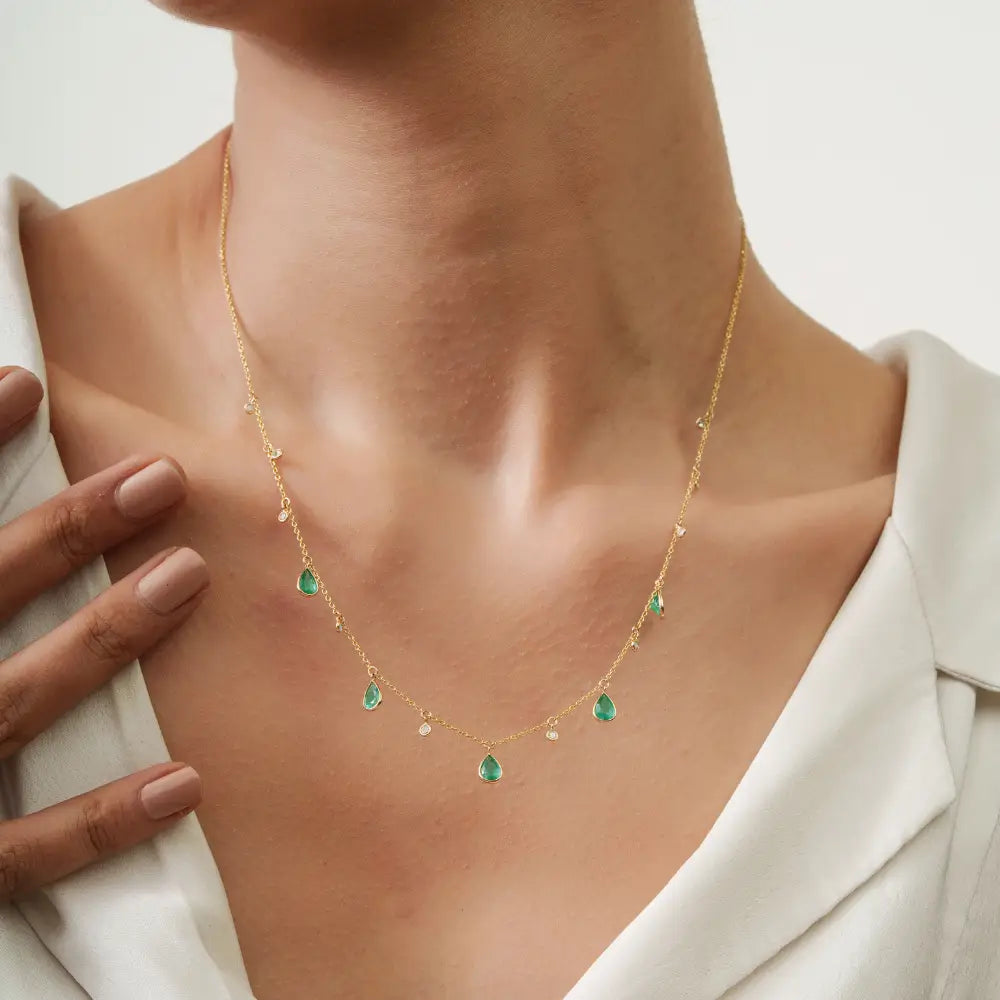 Explore May Birthstone Emerald & Diamond K14 Original Yellow Gold Charm Chain Necklace