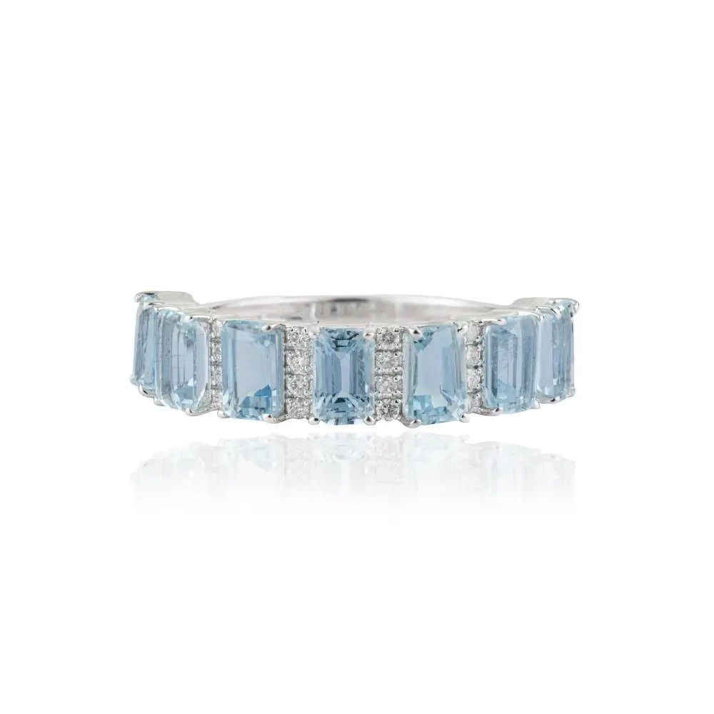 5x3 mm Octagon Shape Aquamarine & Round Cut Diamond Half Eternity Band Ring 18K Gold