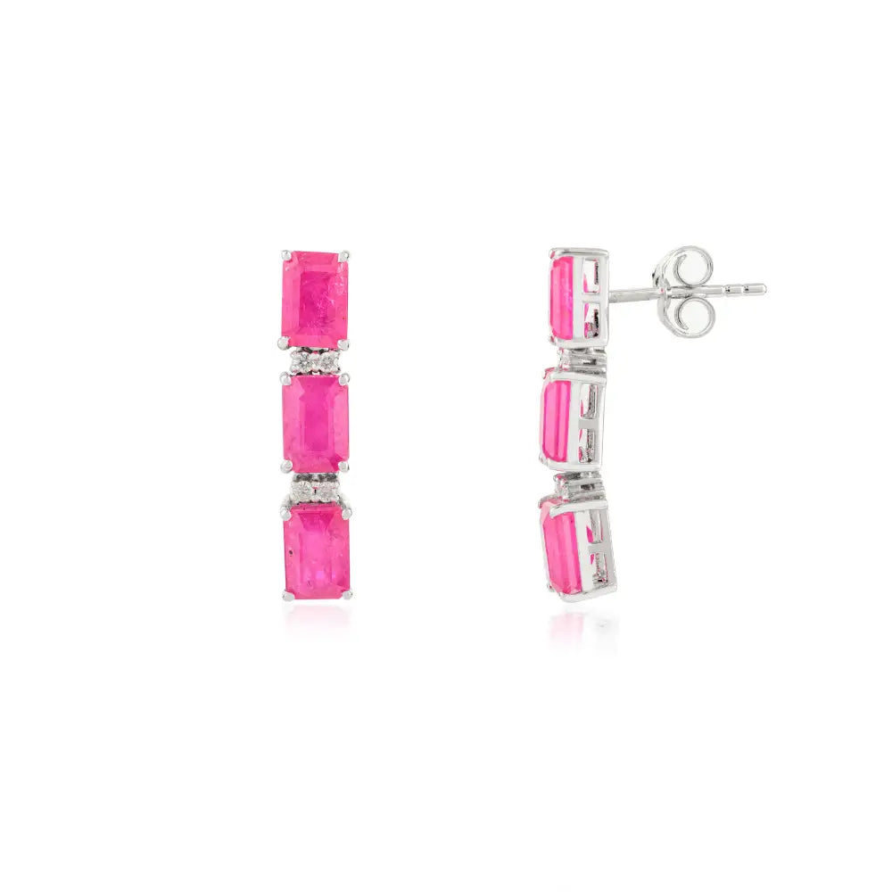 Precious Gemstone 4x6mm Octagon Cut Ruby & Diamond Drop Earrings 14K Real White Gold