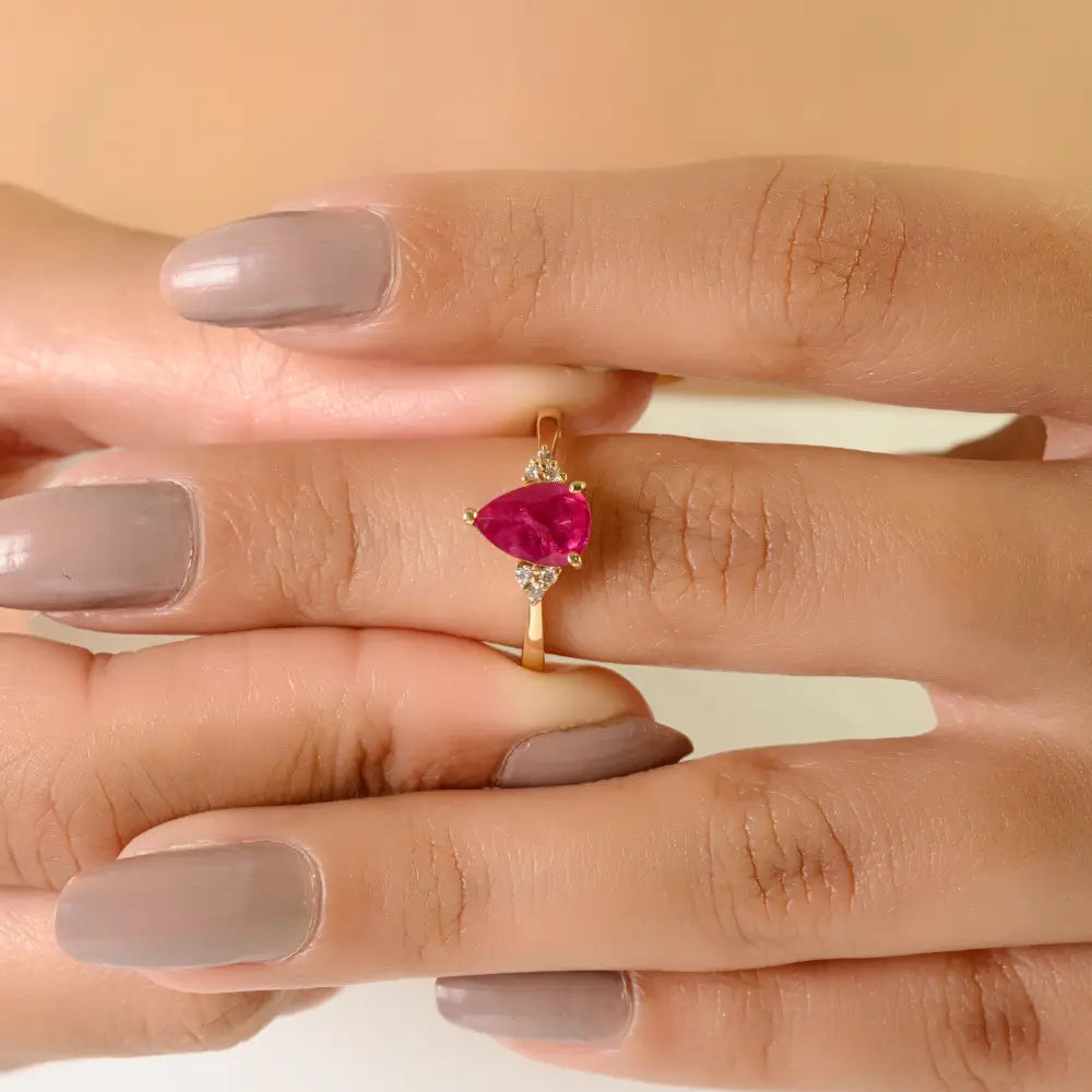 Minimal Simple Design Ruby & Diamond Engagement Gemstone Ring K14 Yellow Gold