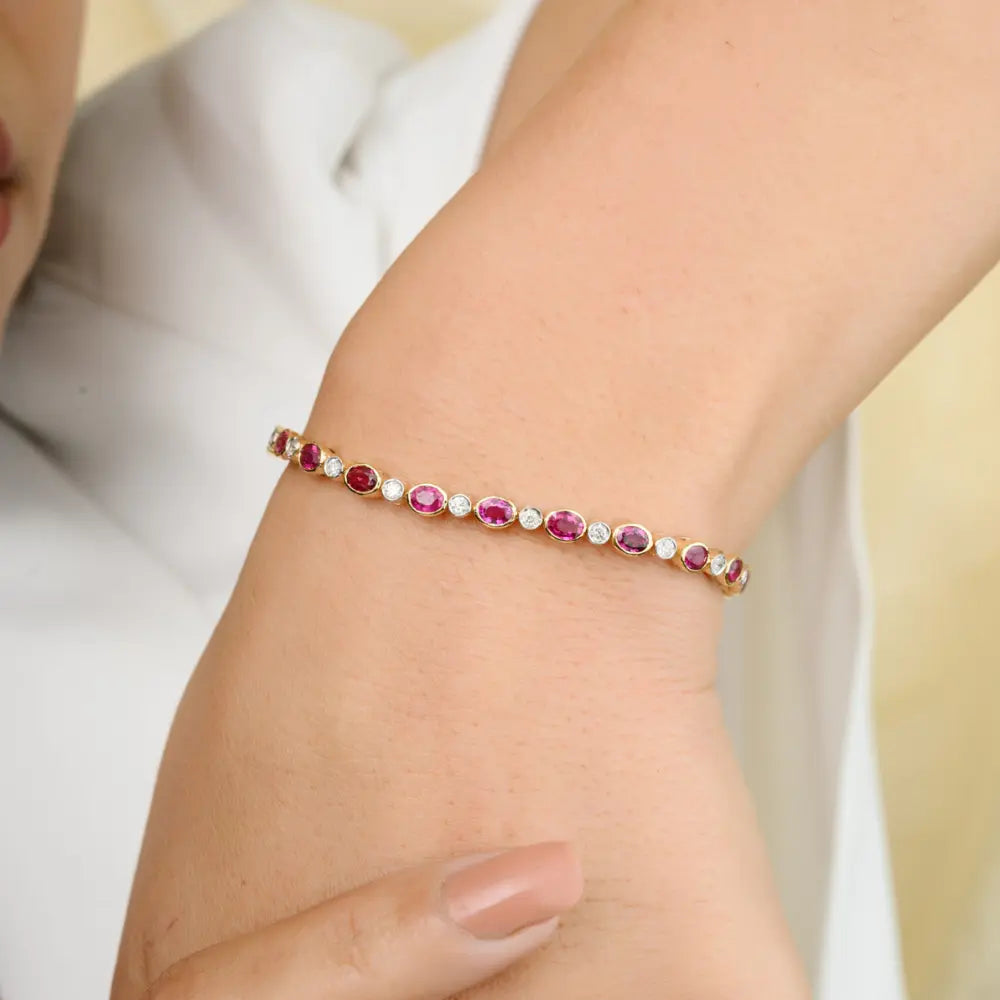 Bulk Jewelry Oval Cut Ruby & Diamond 18K Solid Yellow Gold Tennis Bracelet