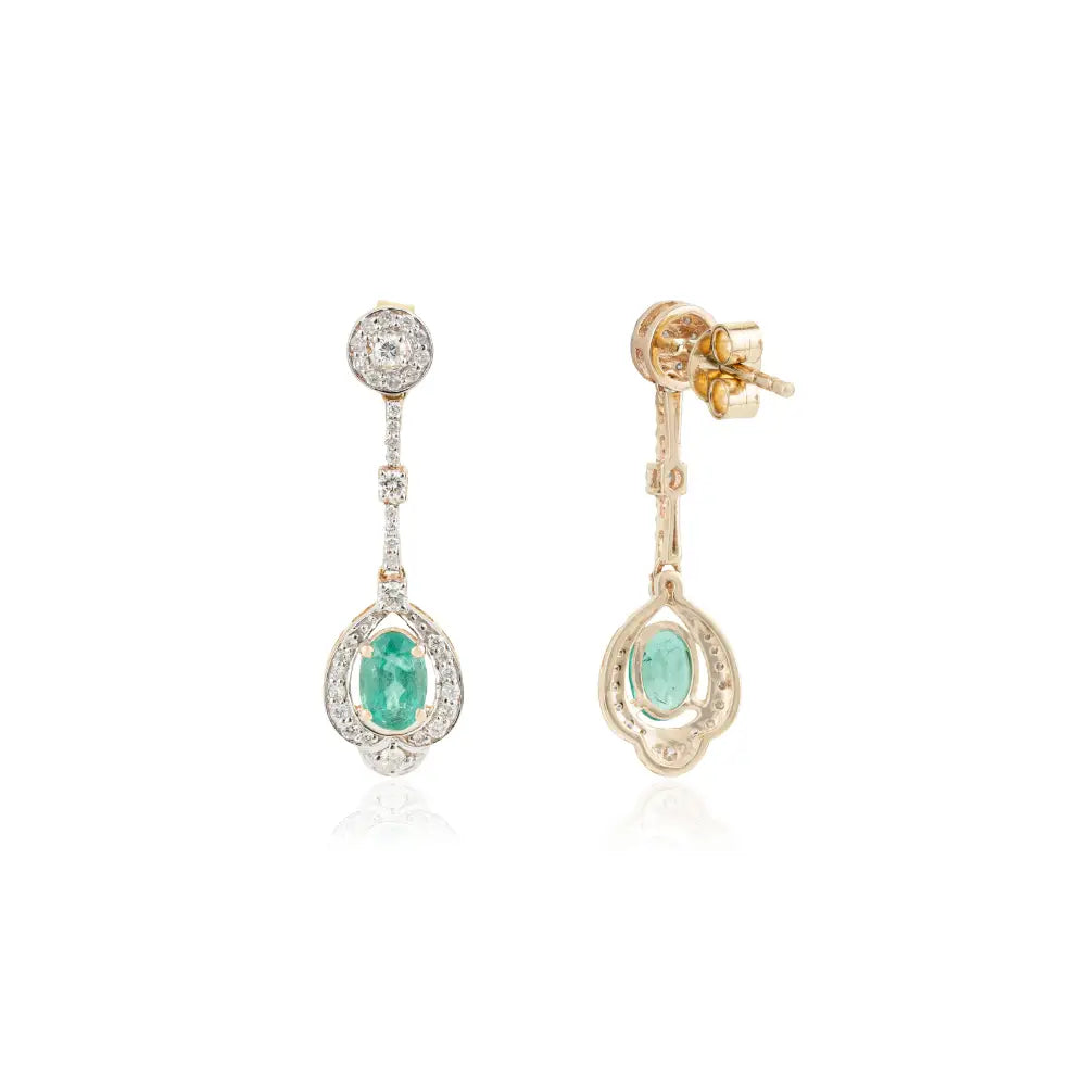14K Solid Yellow Gold Emerald & Diamond Water Drop Shape Dangle Earrings For Women Jewelry