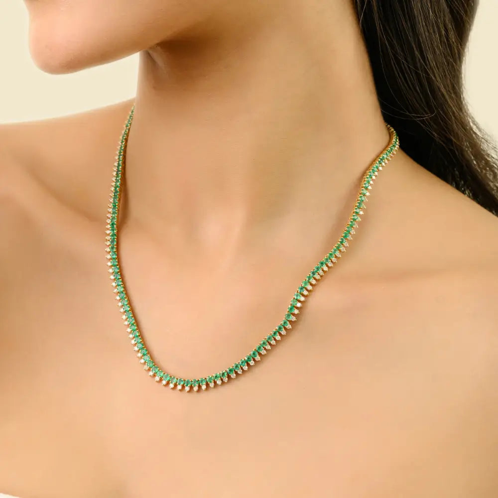 Emerald & Diamond Box Lock Tennis Necklace Unique Design 18K Yellow Gold Women Jewelry