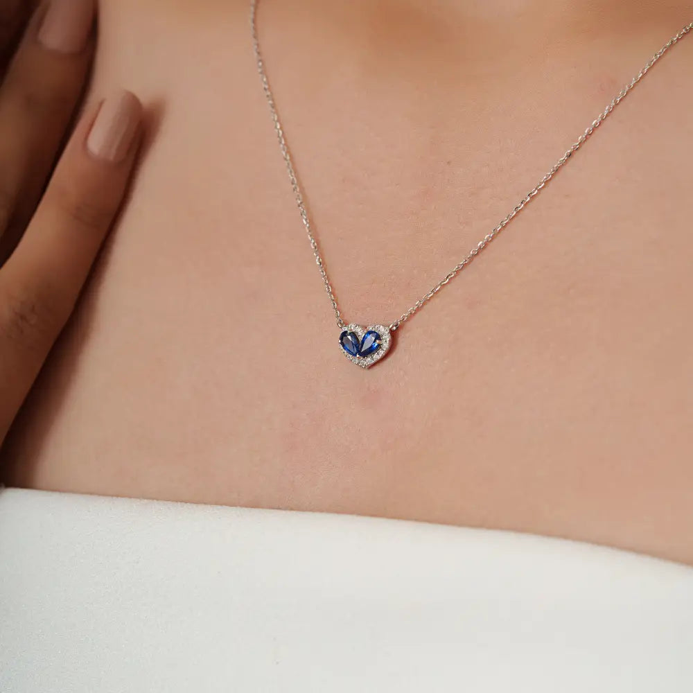 Customized 14K Solid White Gold Blue Sapphire & Diamond Heart Shape Halo Pendant Necklace