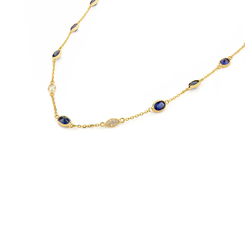 Simple Design Stackable Blue Sapphire & Diamond Station Necklace For Women 18K Gold