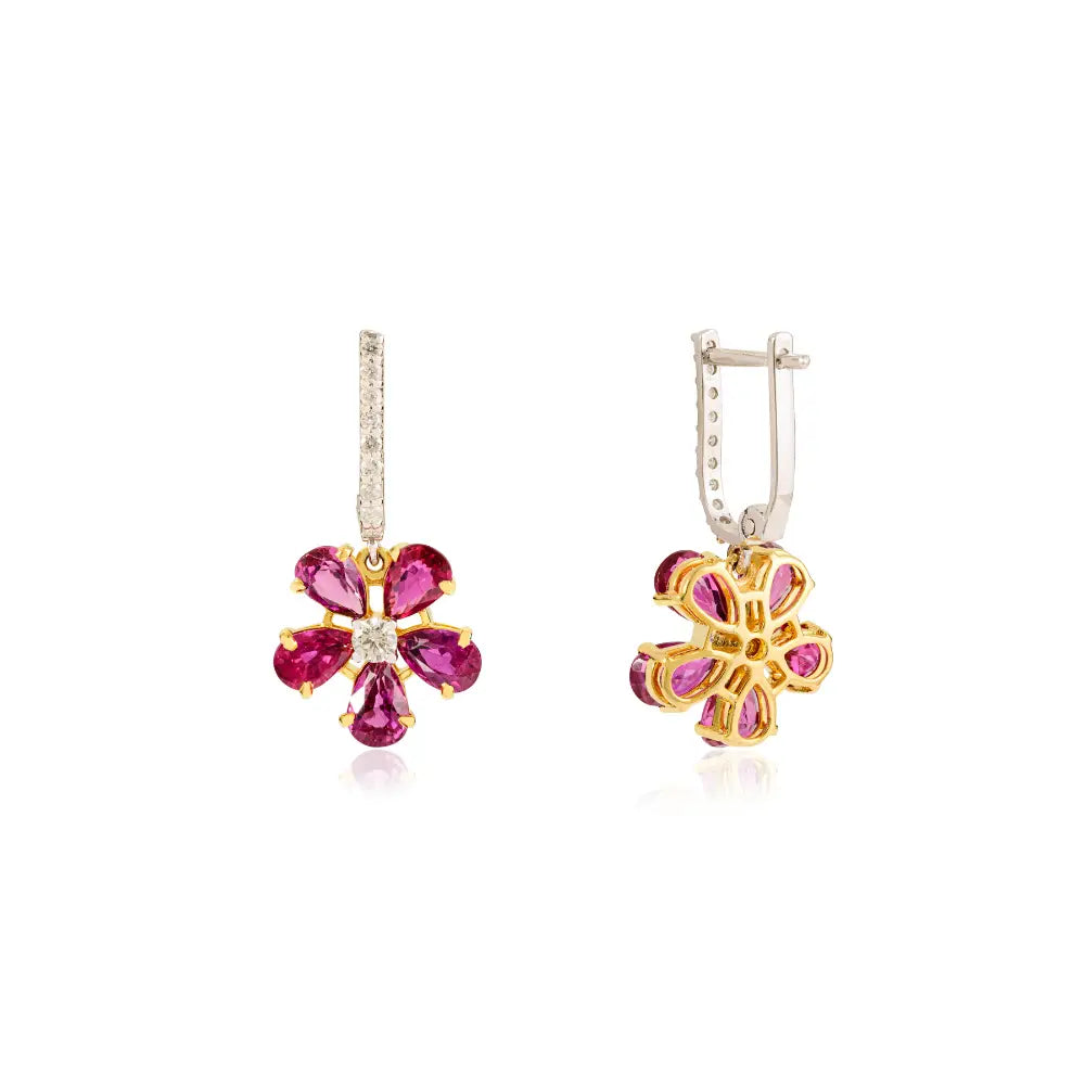 Real Ruby & Diamond Flower Design Drop Earrings 18K Solid Two Tone Gold Anniversary Gift