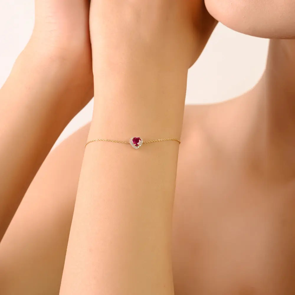 Spring Lock 100% Genuine Ruby & Diamond 14K Solid Gold Heart Shape Halo Bracelet Women