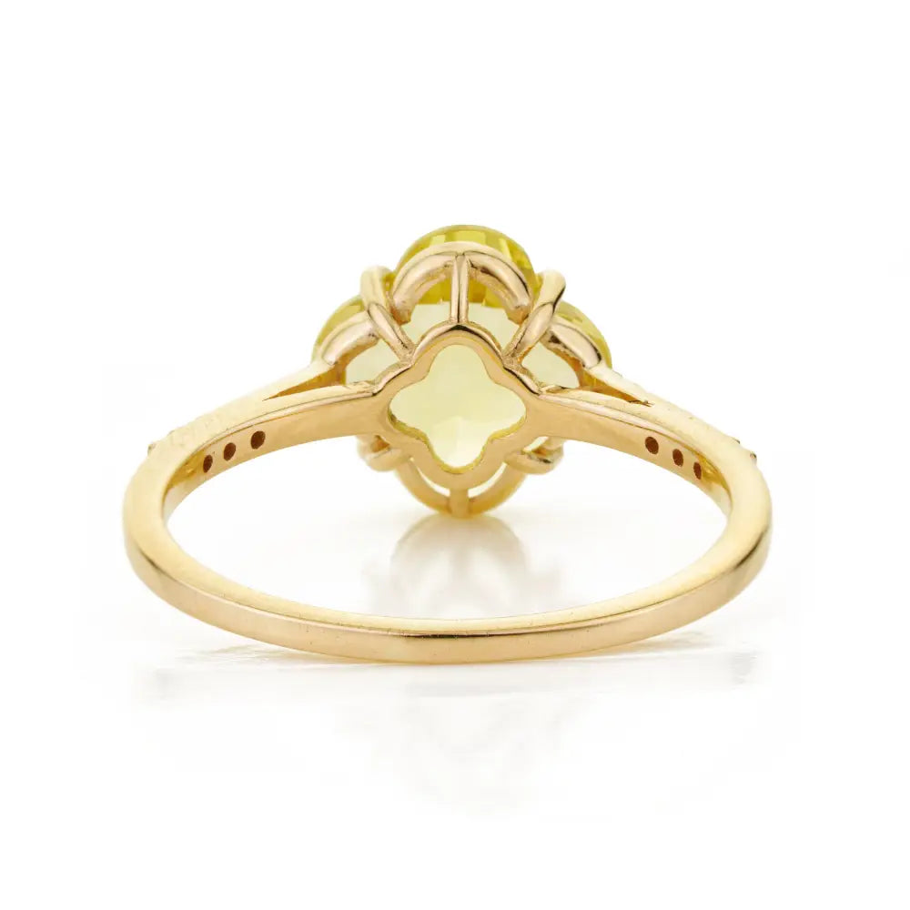 Semi Precious Gemstone Lemon Topaz & Diamond Flour Leaf Clover Shape Ring 14K Gold