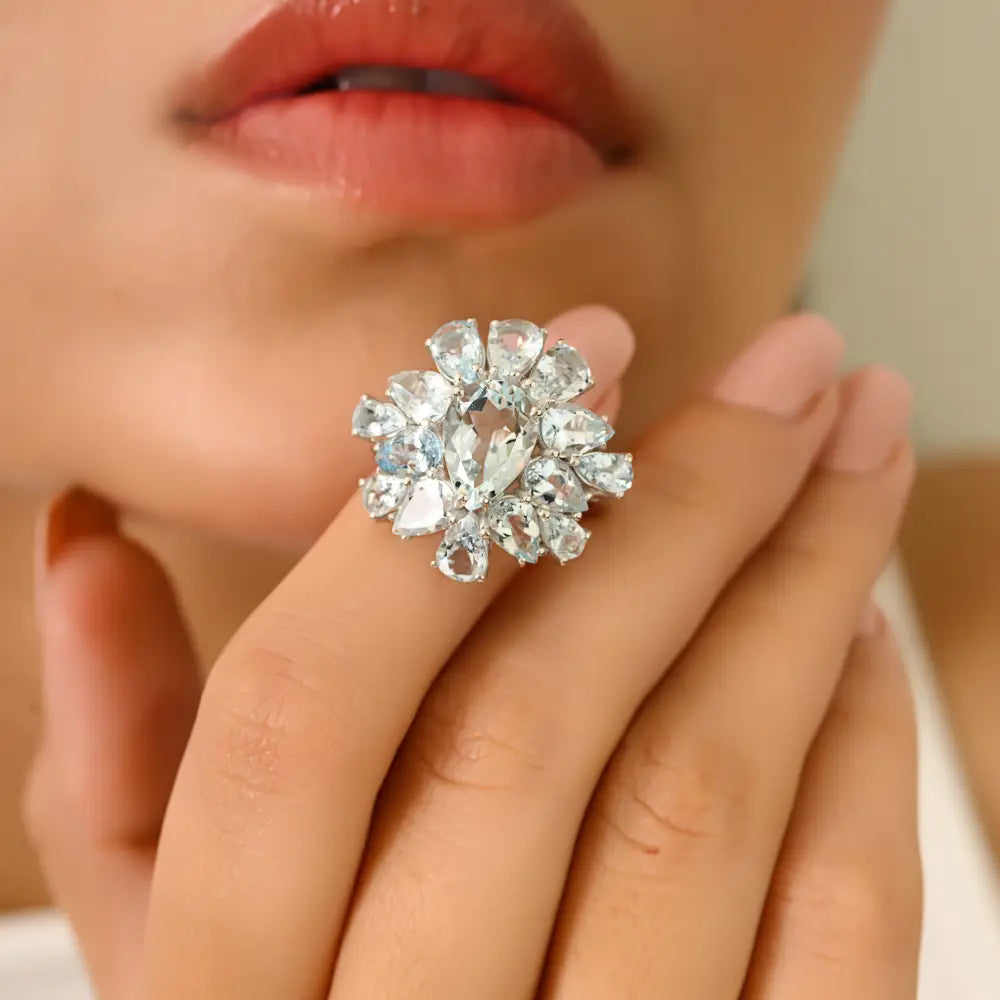 Gorgeous Aquamarine Gemstone Cocktail Ring For Women Party Wear Jewelry K14 Gold