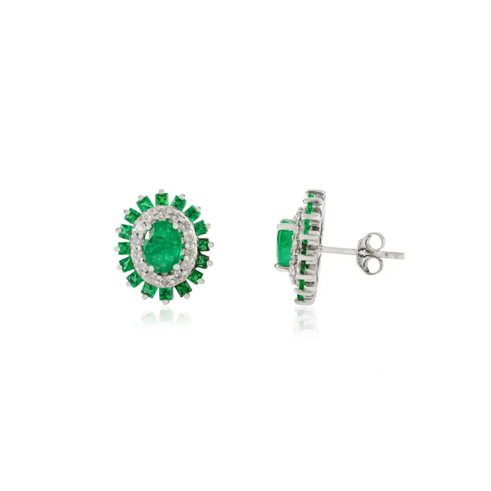 Hot Sale 14K White Gold Emerald & Diamond Unique Design Statement Stud Earrings For Women