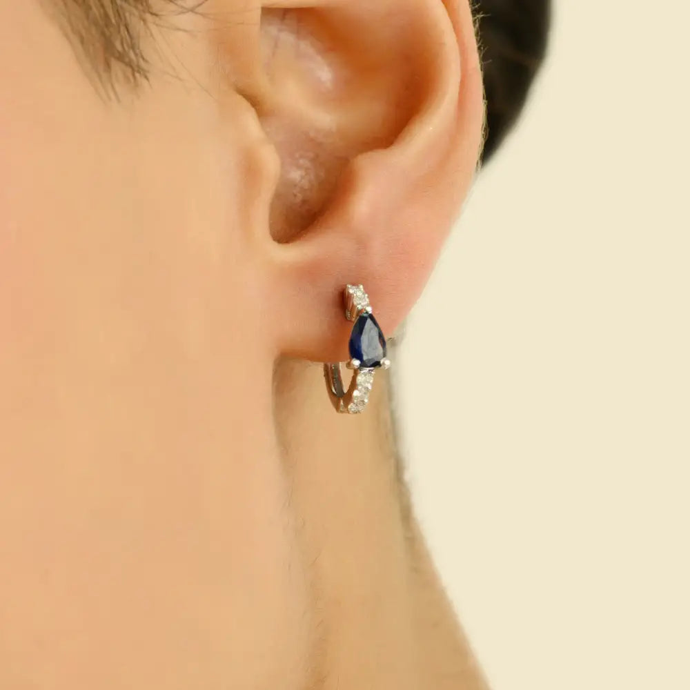 Simple 5x3 mm Pear Blue Sapphire & Diamond Small Hoop Earrings For Women 18K White Gold