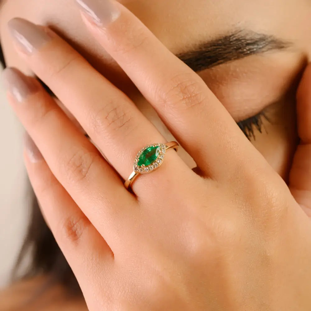 Marquise Shape Emerald & Round Cut Diamond Solitaire Halo Ring Solid K14 Yellow Gold