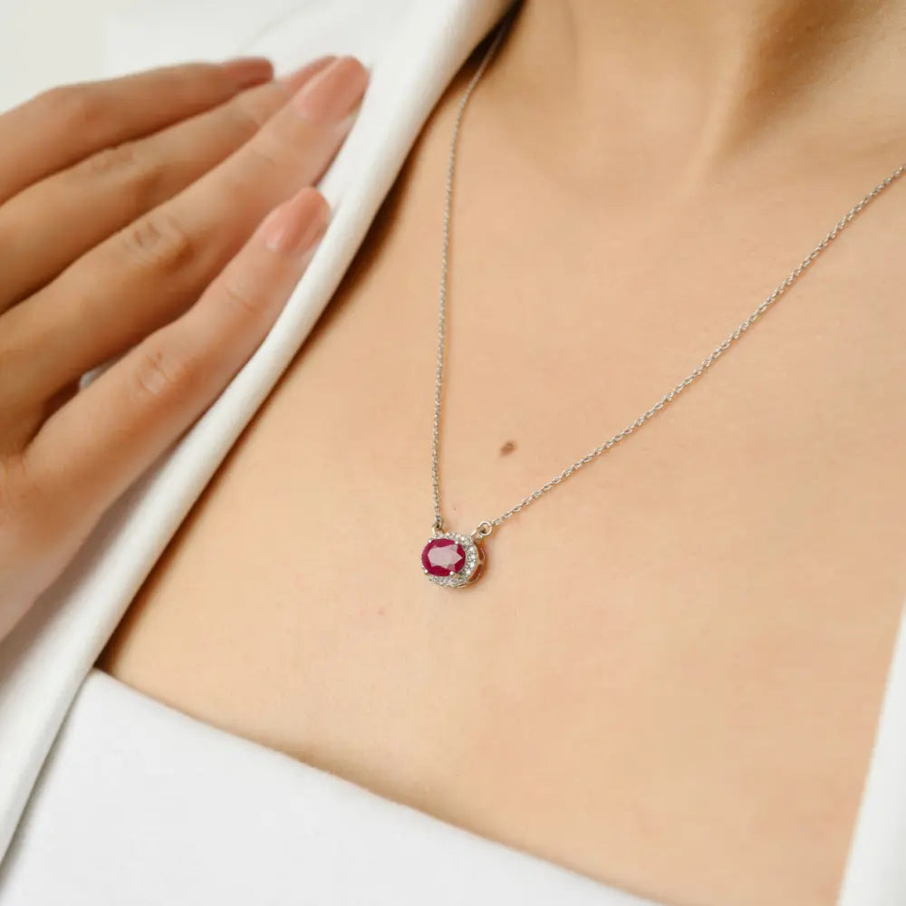 Bulk Jewelry Natural Ruby & Diamond 14K White Gold Long Chain Necklace