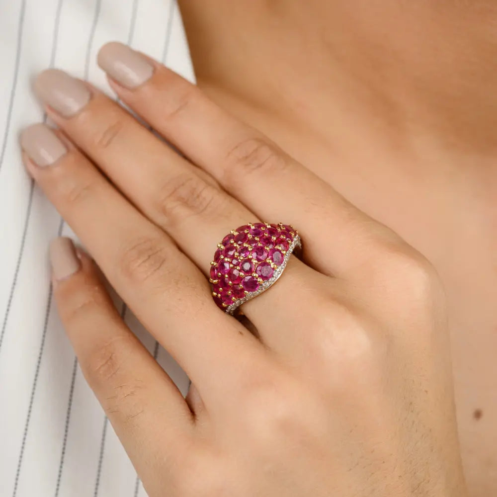 July Birthstone 18K Yellow Gold Natural Ruby & Diamond Cluster Dome Ring