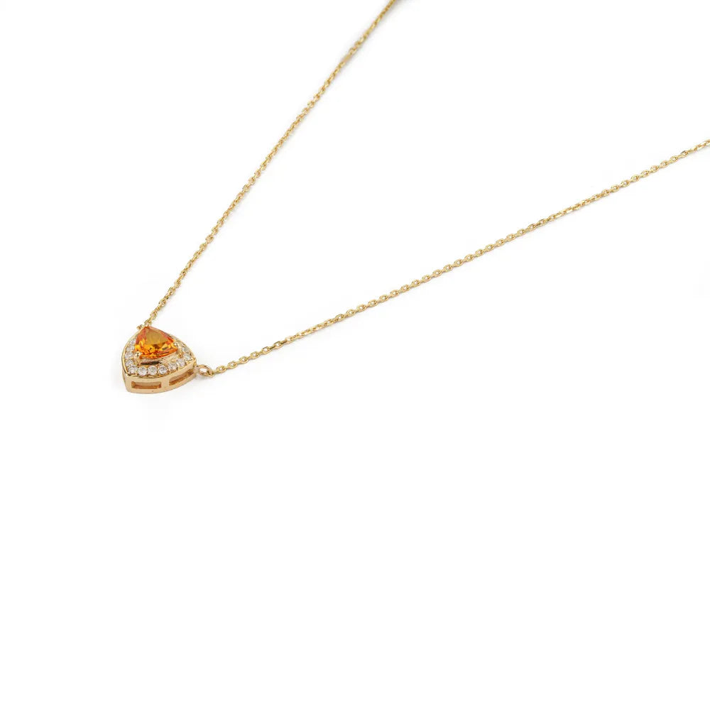 Semi Precious Gemstone Trillion Cut Citrine & Diamond Halo Pendant Necklce Minimal Jewelry 14K Real Yellow Gold