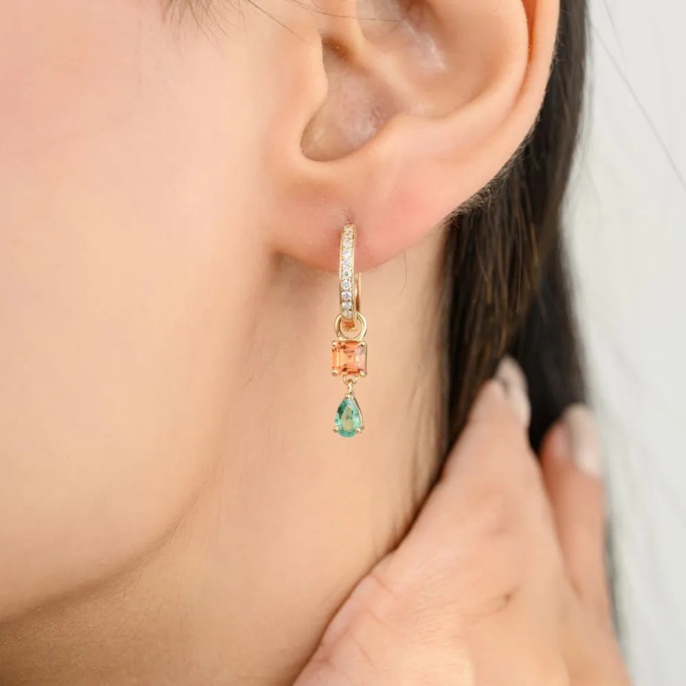 Orange Sapphire Emerald & Diamond Solid Yellow Gold Charm Hoop Earrings