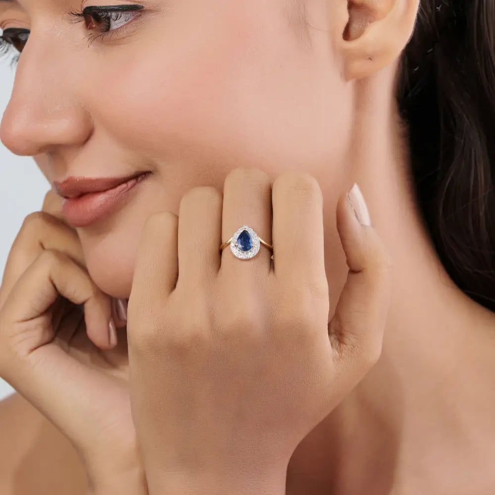 Wholesale Price Blue Sapphire & Diamond Real K14 Yellow Gold Halo Ring Birthstone Jewelry
