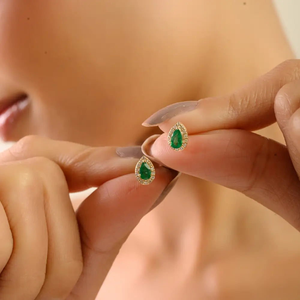 Dainty Daily Wear Emerald & Diamond Halo Stud Earrings Solid K14 Yellow Gold Gift For Her