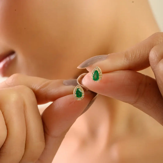 Dainty Daily Wear Emerald & Diamond Halo Stud Earrings Solid K14 Yellow Gold Gift For Her