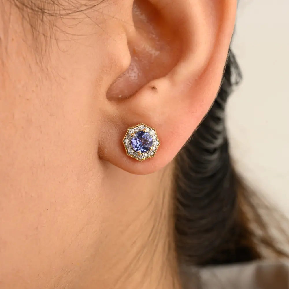 Handmade Tanzanite & Diamond Solid 14K Yellow Gold Hexagon Shape Stud Earring