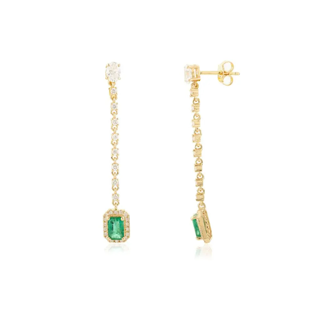 Long Solid K18 Yellow Gold Emerald & Diamond Dangle & Drop Earrings