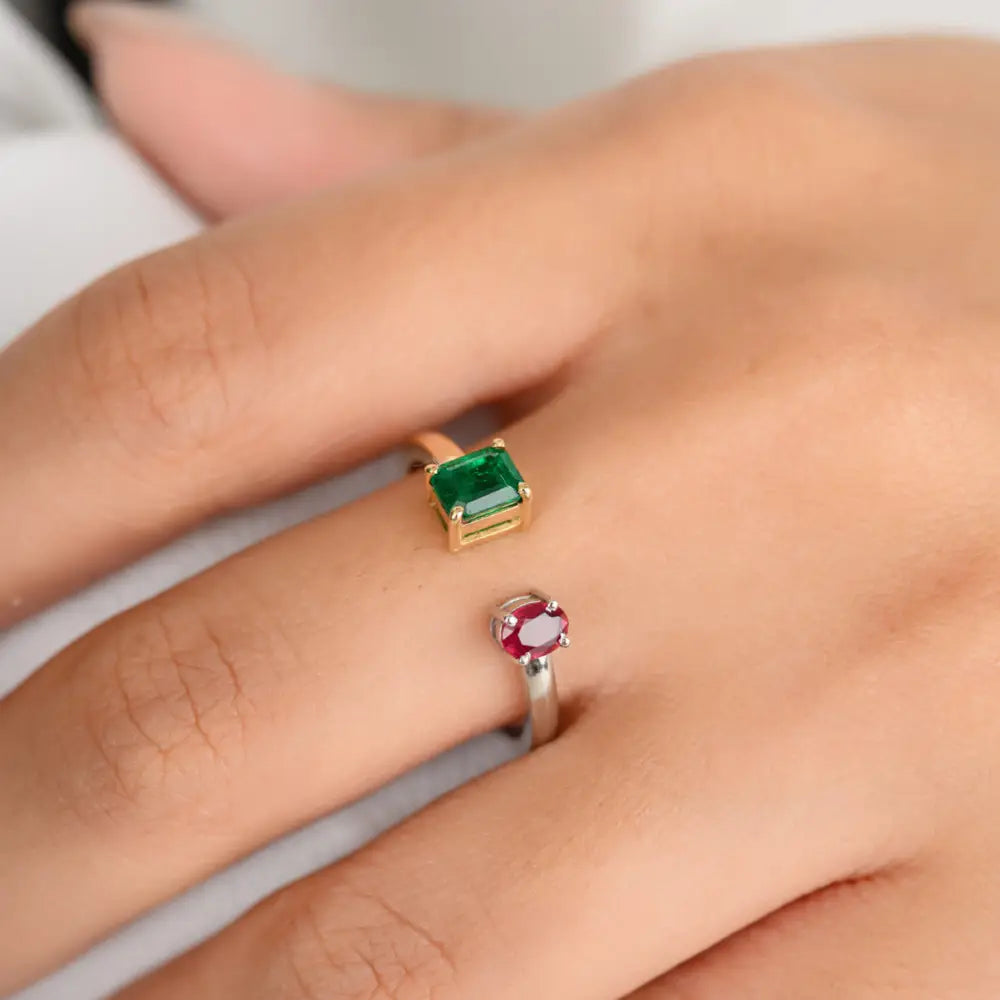 Emerald and Ruby Minimalist Two Stone 18K Authentic Gold Open Ring