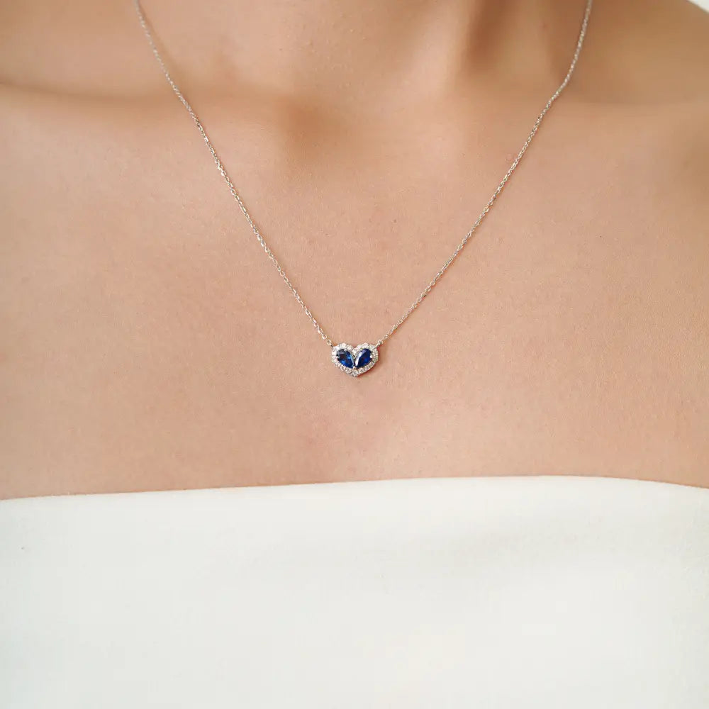 Customized 14K Solid White Gold Blue Sapphire & Diamond Heart Shape Halo Pendant Necklace