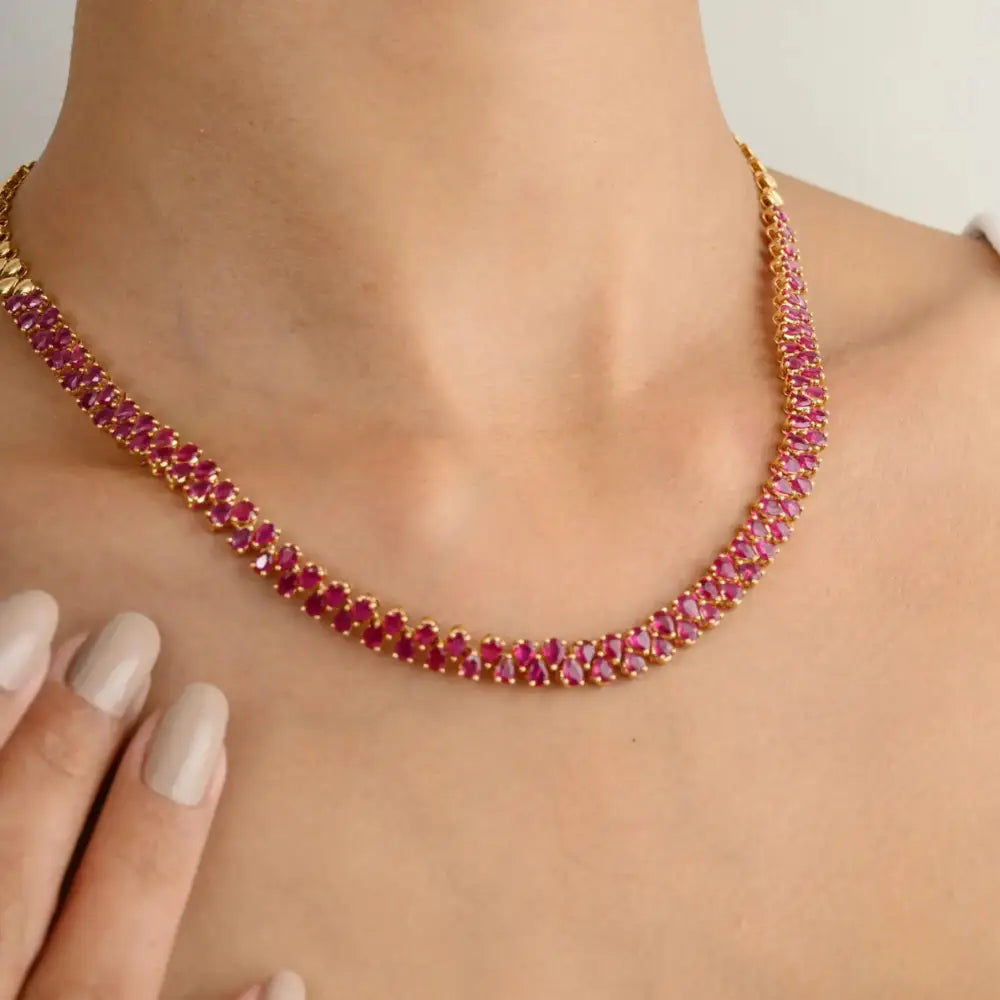 Trending Jewelry 18K Real Yellow Gold 100% Natural Ruby Tennis Necklace