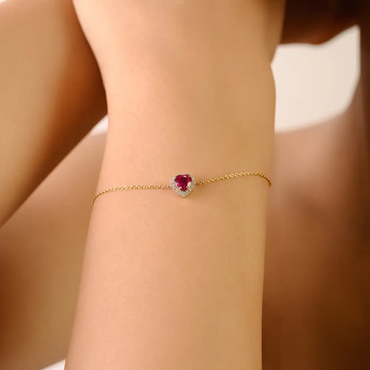 Spring Lock 100% Genuine Ruby & Diamond 14K Solid Gold Heart Shape Halo Bracelet Women