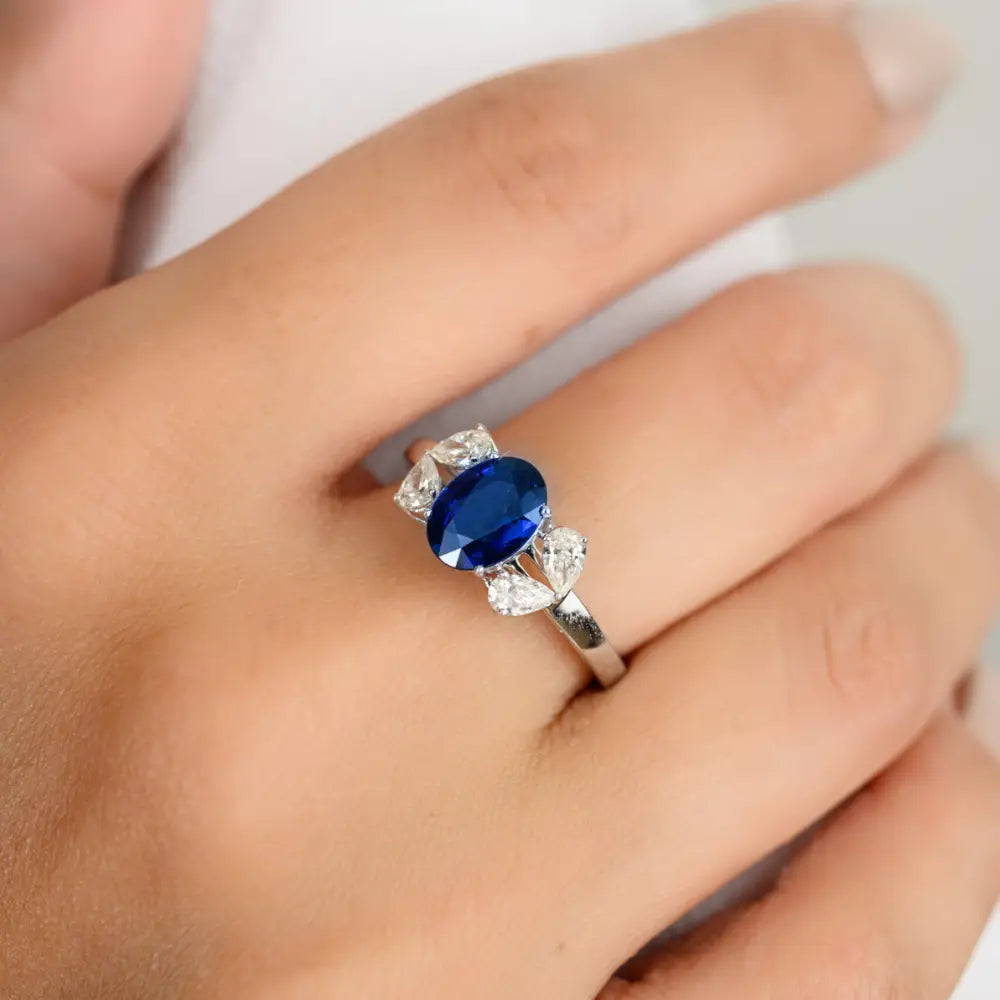 Real Gemstone Jewelry Natural Blue Sapphire & Diamond Solid 18K Gold Ring