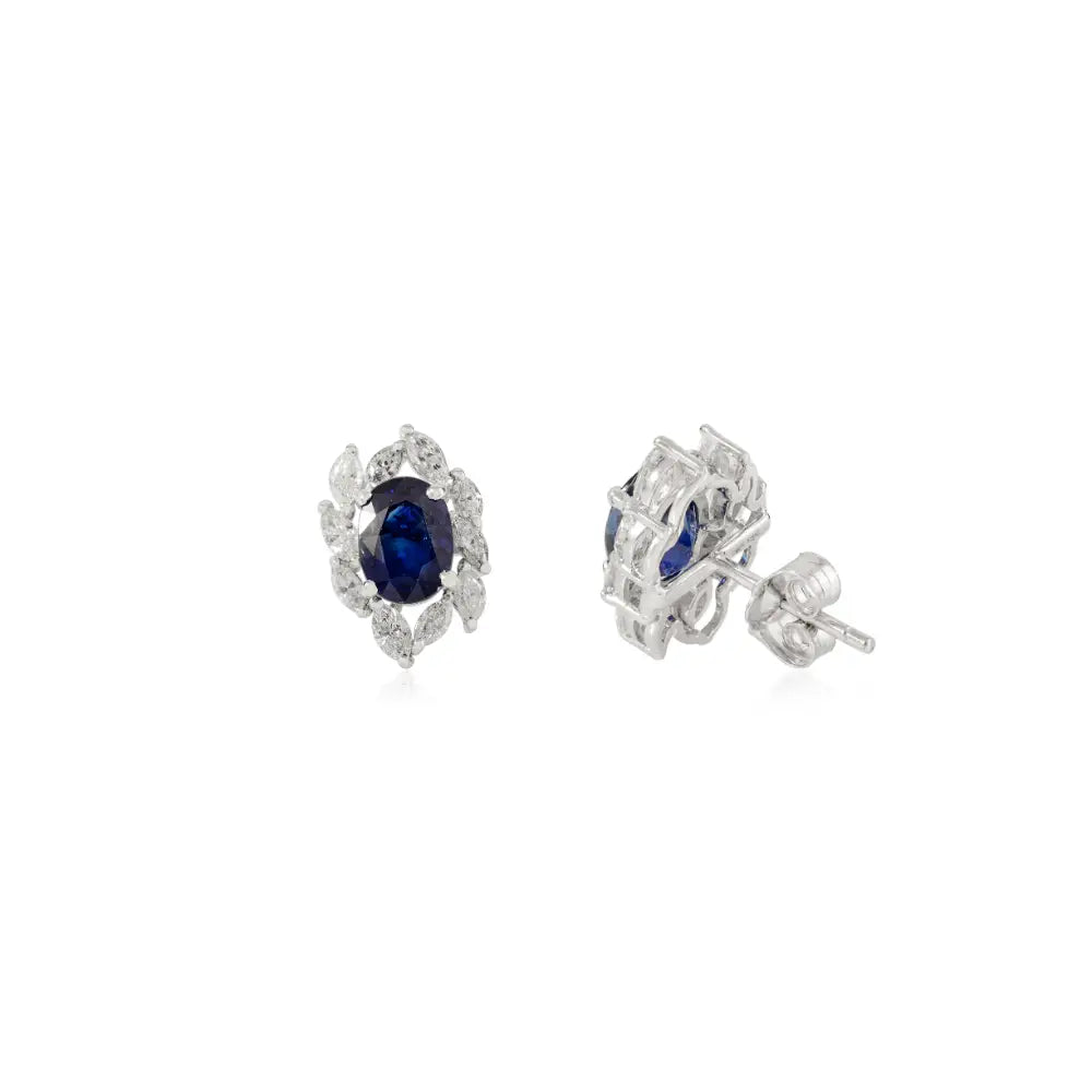 14K Solid Gold Oval Blue Sapphire & Marquise Diamond Designer Stud Earrings For Women