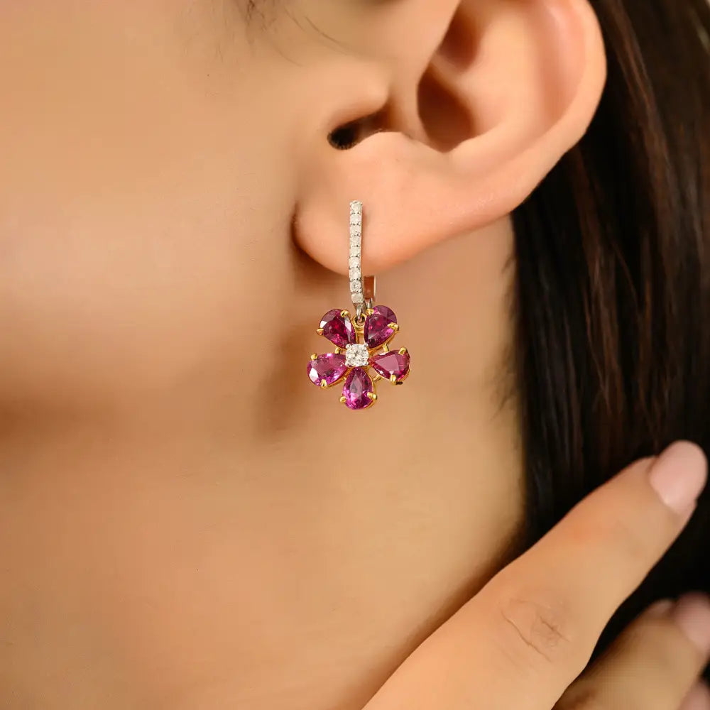 Real Ruby & Diamond Flower Design Drop Earrings 18K Solid Two Tone Gold Anniversary Gift