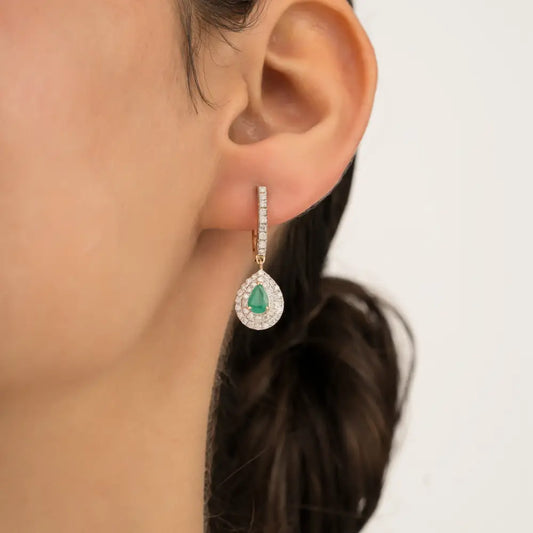 Pear Shape Emerald & Diamond Double Cluster Hoop Drop Earrings 14K Pure Yellow Gold Jewelry