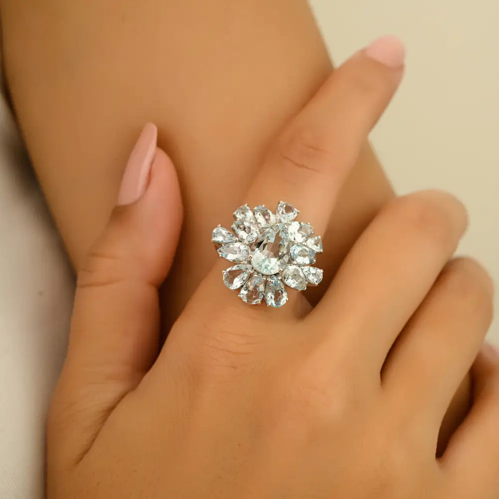Gorgeous Aquamarine Gemstone Cocktail Ring For Women Party Wear Jewelry K14 Gold